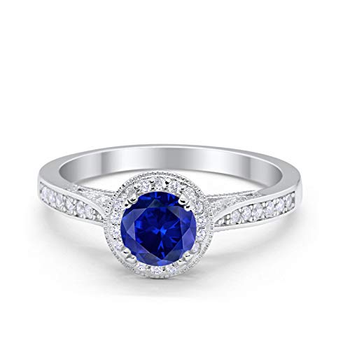 Halo Engagement Promise Ring Round Simulated Blue Sapphire CZ