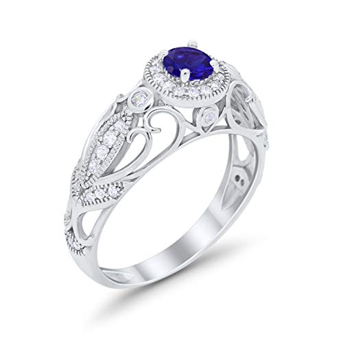 Filigree Engagement Ring Round Simulated Blue Sapphire CZ