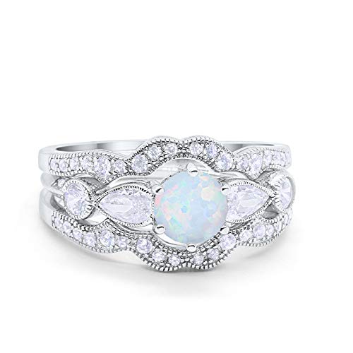 Three Piece Bridal Lab White Opal Wedding Promise Ring