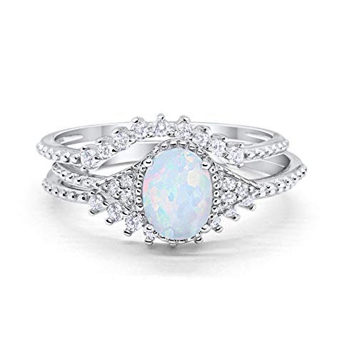 Three Piece Bridal Set Oval Round Lab White Opal Wedding Ring