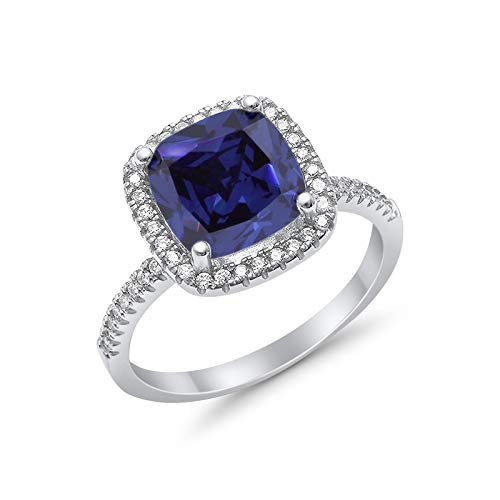 Halo Cushion Engagement Ring Simulated Blue Sapphire CZ