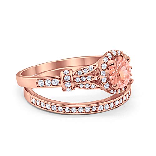 Two Piece Wedding Promise Ring Rose Tone, Simulated Morganite CZ