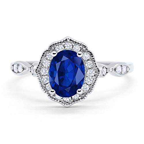 Antique Style Wedding Ring Oval Simulated Blue Sapphire CZ