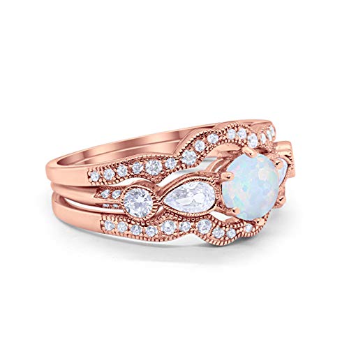 Three Piece Rose Tone, Lab White Opal Bridal Wedding Promise Ring