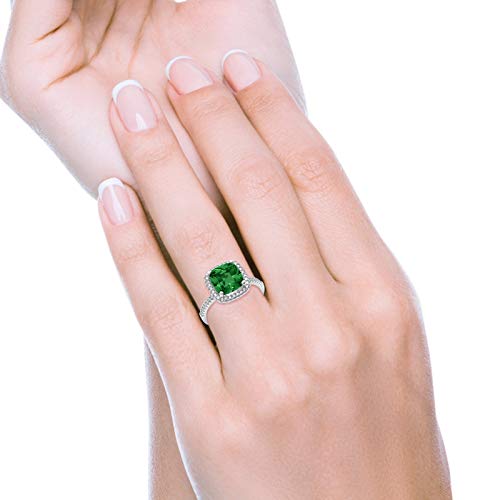 Halo Engagement Ring Accent Cushion Simulated Green Emerald CZ