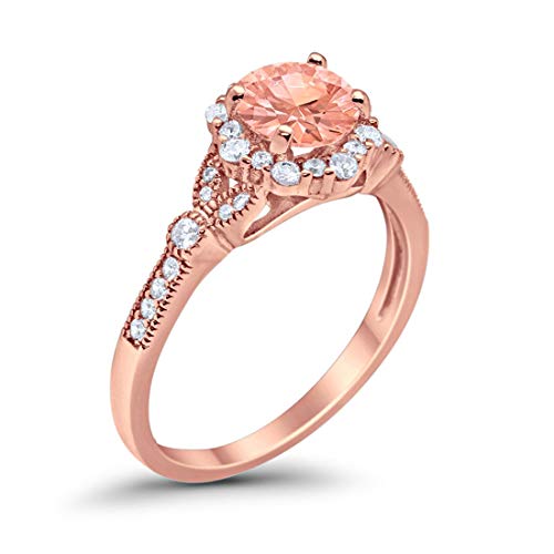 Floral Art Deco Engagement Ring Rose Tone, Simulated Morganite CZ=