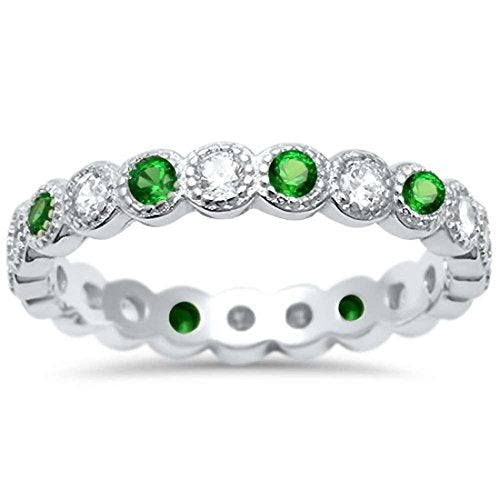 Bezel Set Full Eternity Ring Simulated Green Emerald CZ