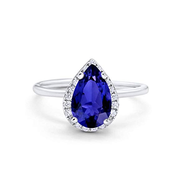 Teardrop Pear Simulated Blue Sapphire CZ Wedding Ring