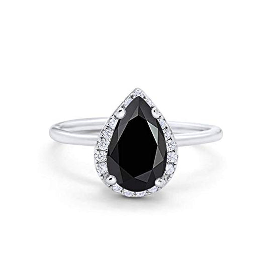 Teardrop Pear Wedding Ring Simulated Black CZ