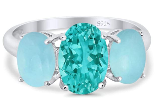 3-Stone Oval Simulated Larimar Center Stone Paraiba Fashion Ring