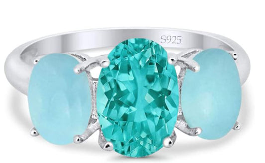 3-Stone Oval Simulated Larimar Center Stone Paraiba Fashion Ring