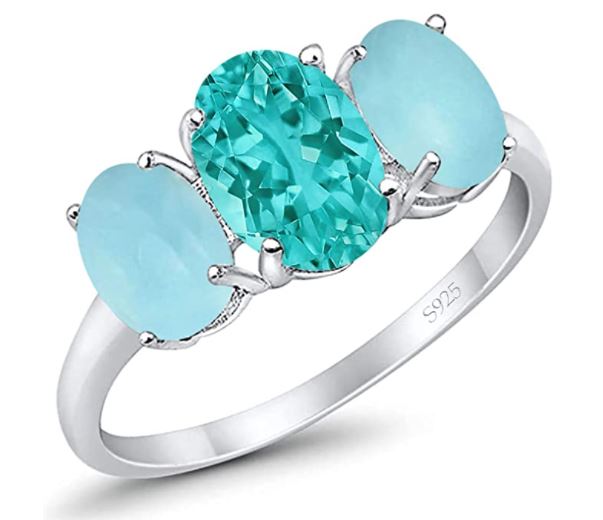 3-Stone Oval Simulated Larimar Center Stone Paraiba Fashion Ring