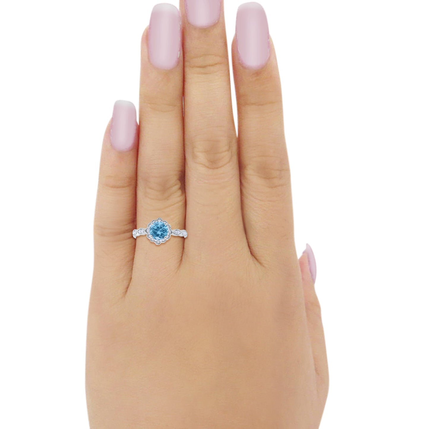 Floral Art Round Simulated Aquamarine CZ Engagement Ring