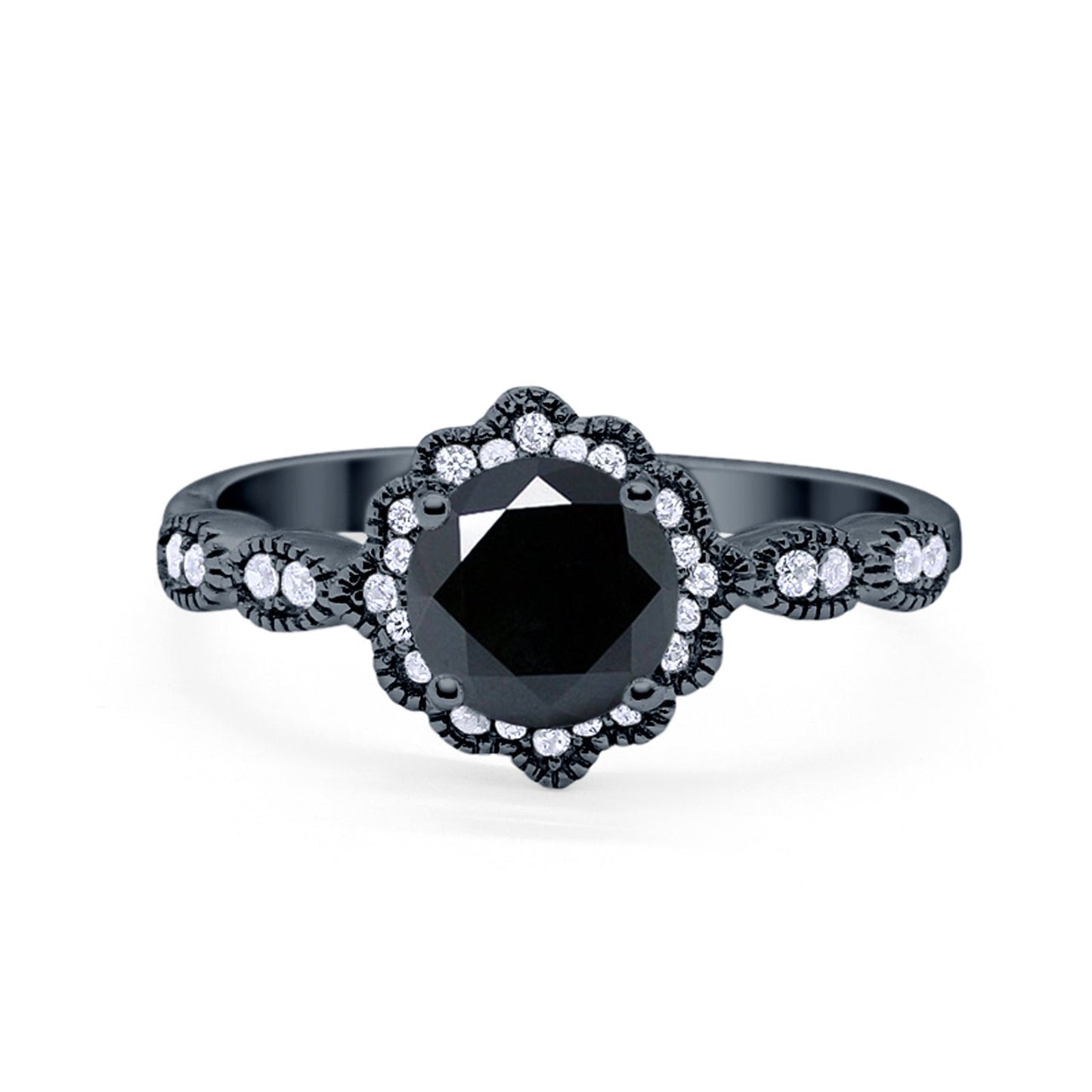 Floral Art Engagement Ring Black Tone, Simulated Black CZ