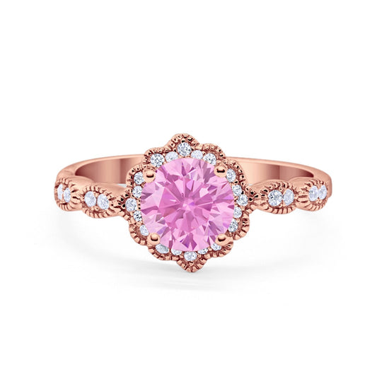 Halo Floral Art Deco Wedding Ring Rose Tone, Simulated Pink Morganite CZ