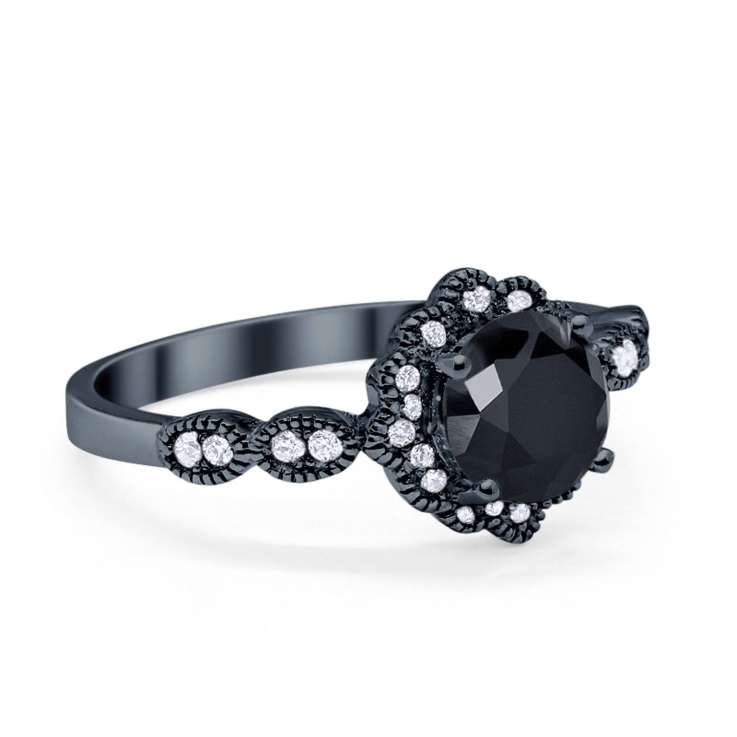 Floral Art Engagement Ring Black Tone, Simulated Black CZ