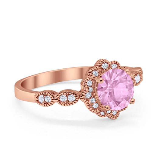 Halo Floral Art Deco Wedding Ring Rose Tone, Simulated Pink Morganite CZ