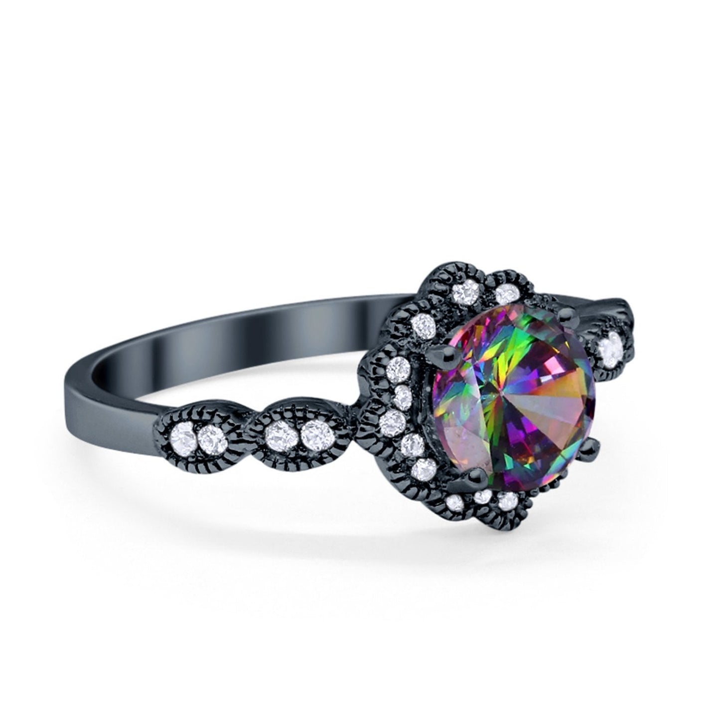 Halo Floral Art Deco Black Tone, Simulated Rainbow CZ Wedding Ring