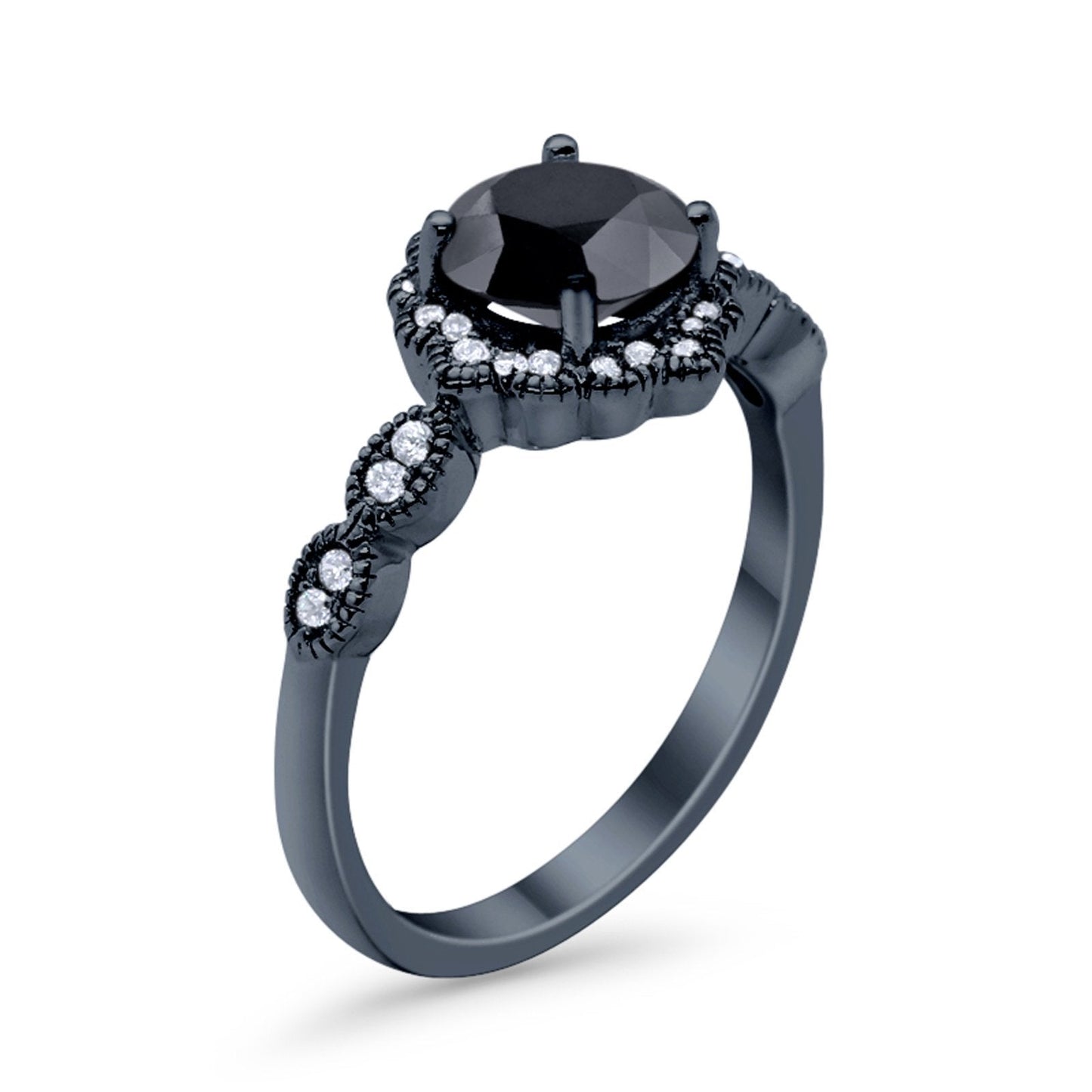 Floral Art Engagement Ring Black Tone, Simulated Black CZ