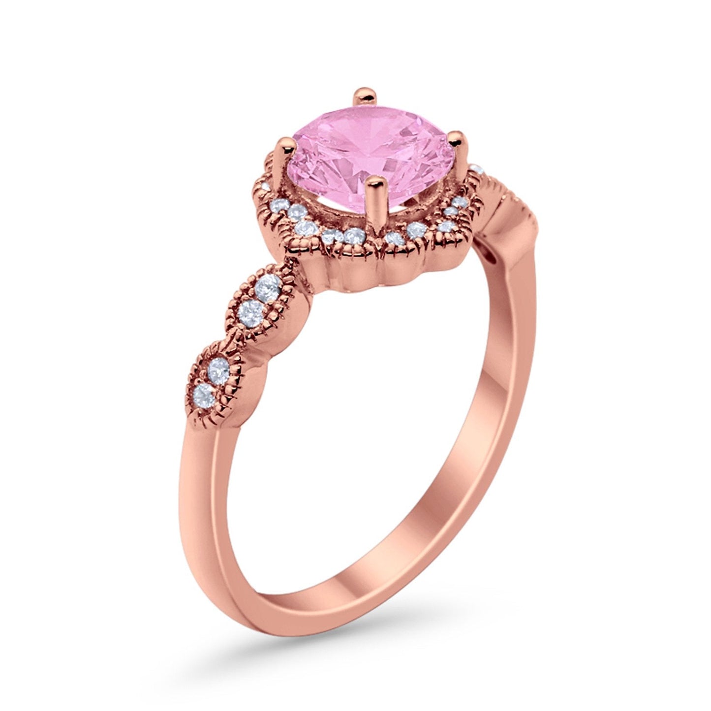 Halo Floral Art Deco Wedding Ring Rose Tone, Simulated Pink Morganite CZ