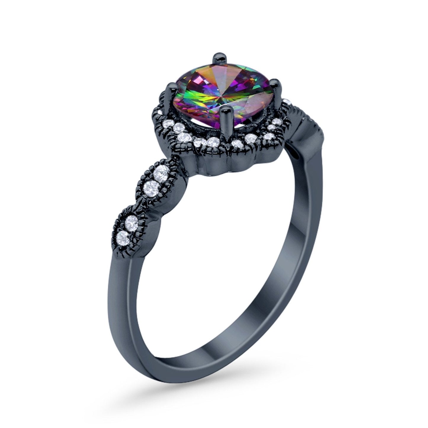 Halo Floral Art Deco Black Tone, Simulated Rainbow CZ Wedding Ring