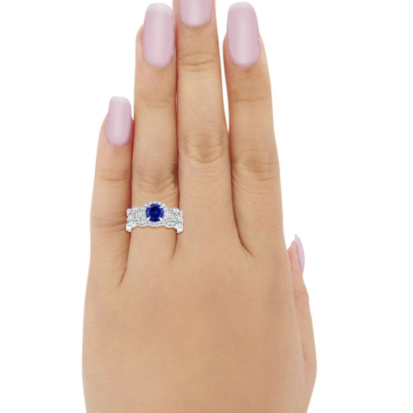 Halo Three Piece Wedding Bridal Set Simulated Blue Sapphire CZ Ring