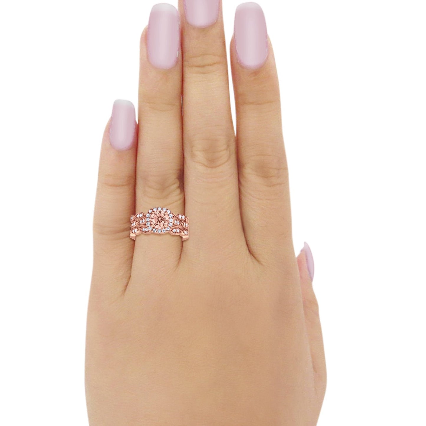 Halo Three Piece Wedding Rose Tone, Simulated Morganite CZ Ring