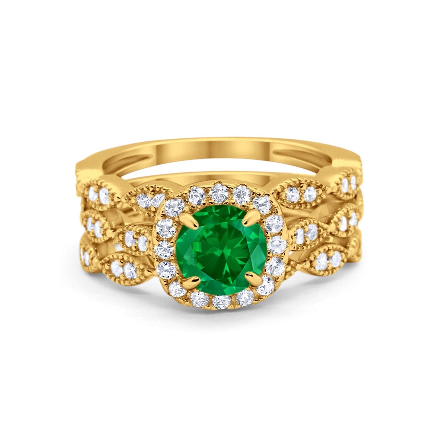 Halo Three Piece Wedding Yellow Tone, Simulated Green Emerald CZ Ring