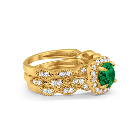 Halo Three Piece Wedding Yellow Tone, Simulated Green Emerald CZ Ring