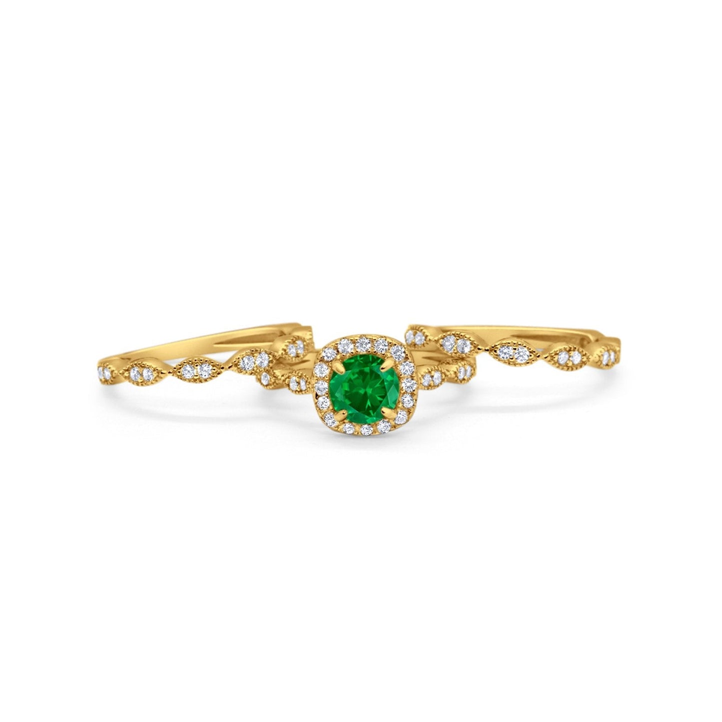 Halo Three Piece Wedding Yellow Tone, Simulated Green Emerald CZ Ring