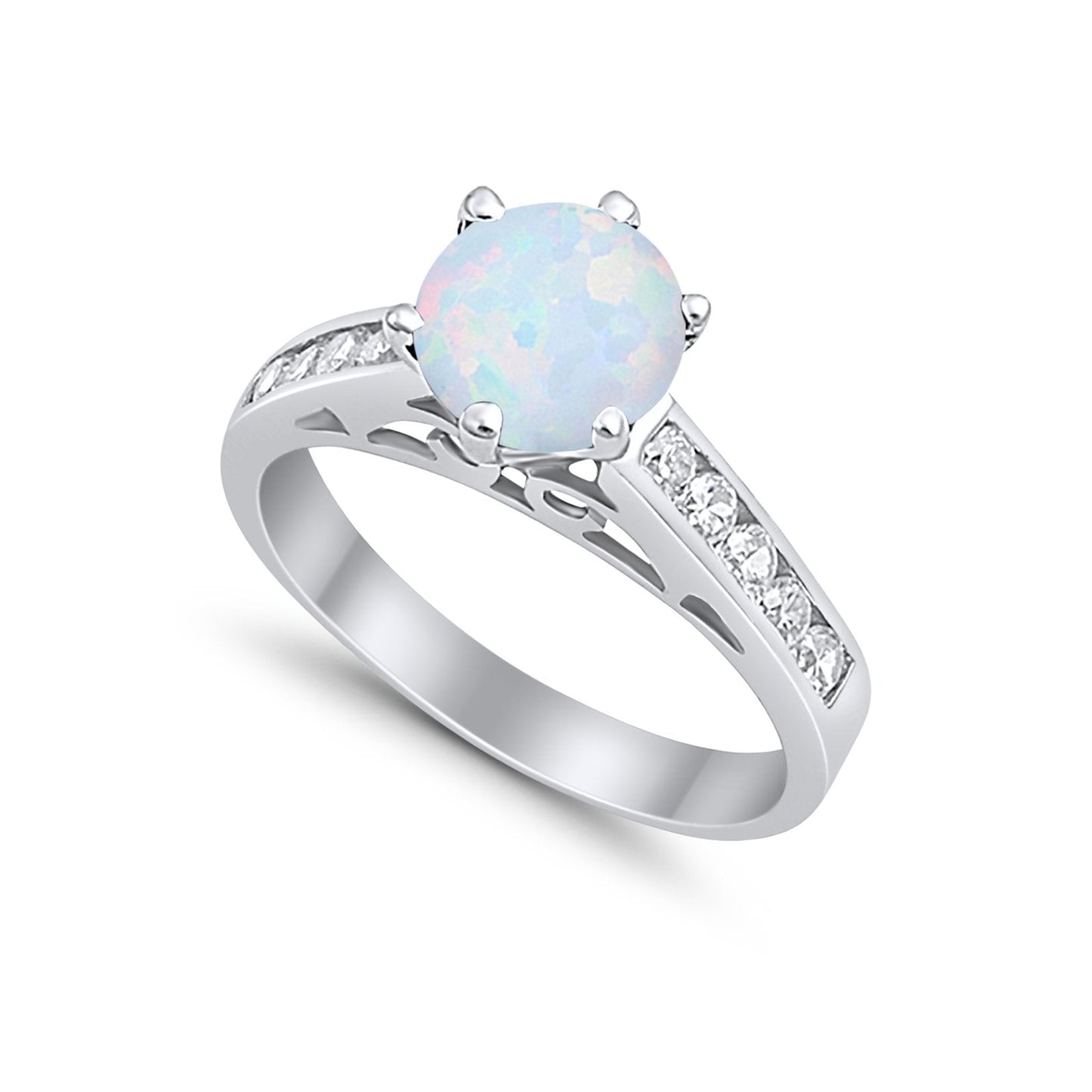 Solitaire Accent Round Lab Created White Opal Engagement Ring