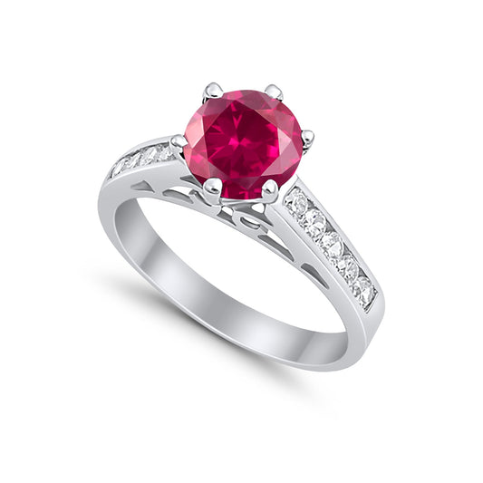 Solitaire Accent Round Simulated Ruby CZ Engagement Ring