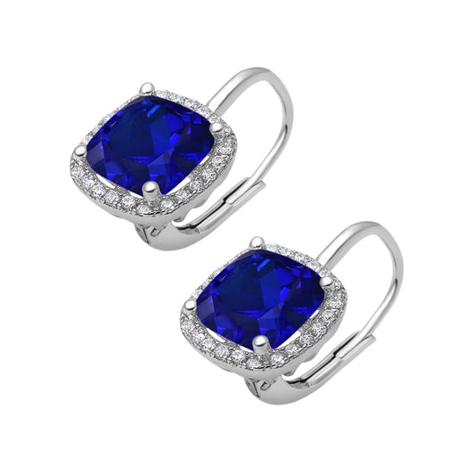 Halo Cushion Leverback Earrings Simulated Blue Sapphire CZ