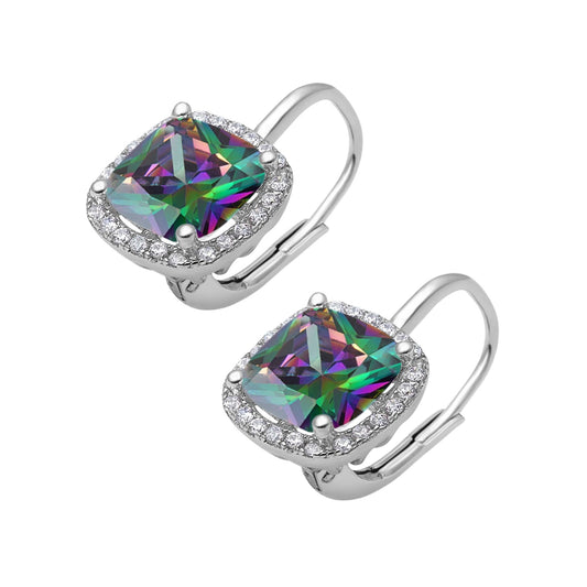 Halo Cushion Leverback Earrings Simulated Rainbow CZ