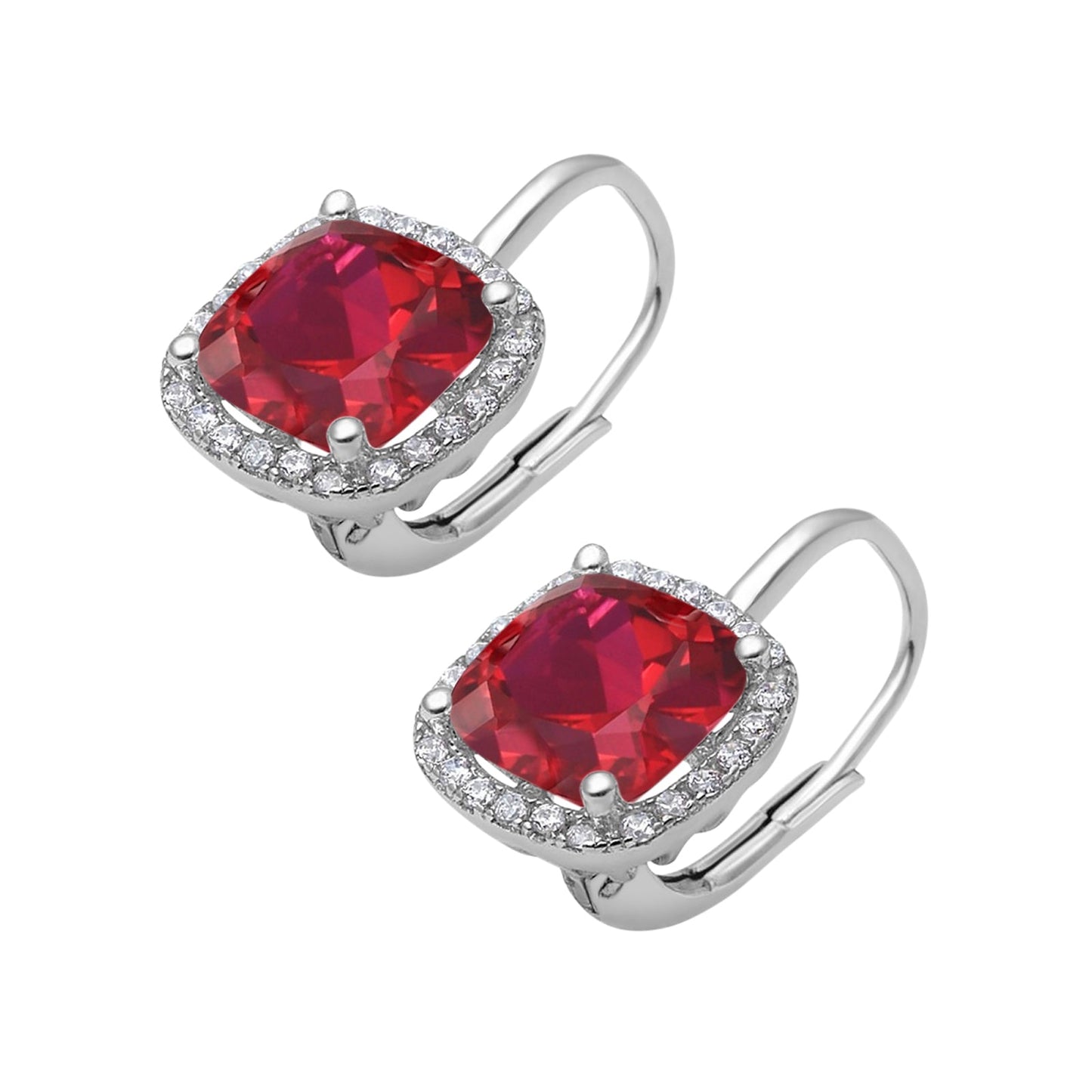 Halo Cushion Leverback Earrings Simulated Ruby CZ