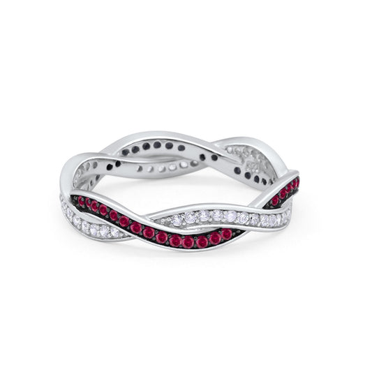 Crisscross Braided Weave Design Band Round Eternity Simulated Ruby CZ Ring