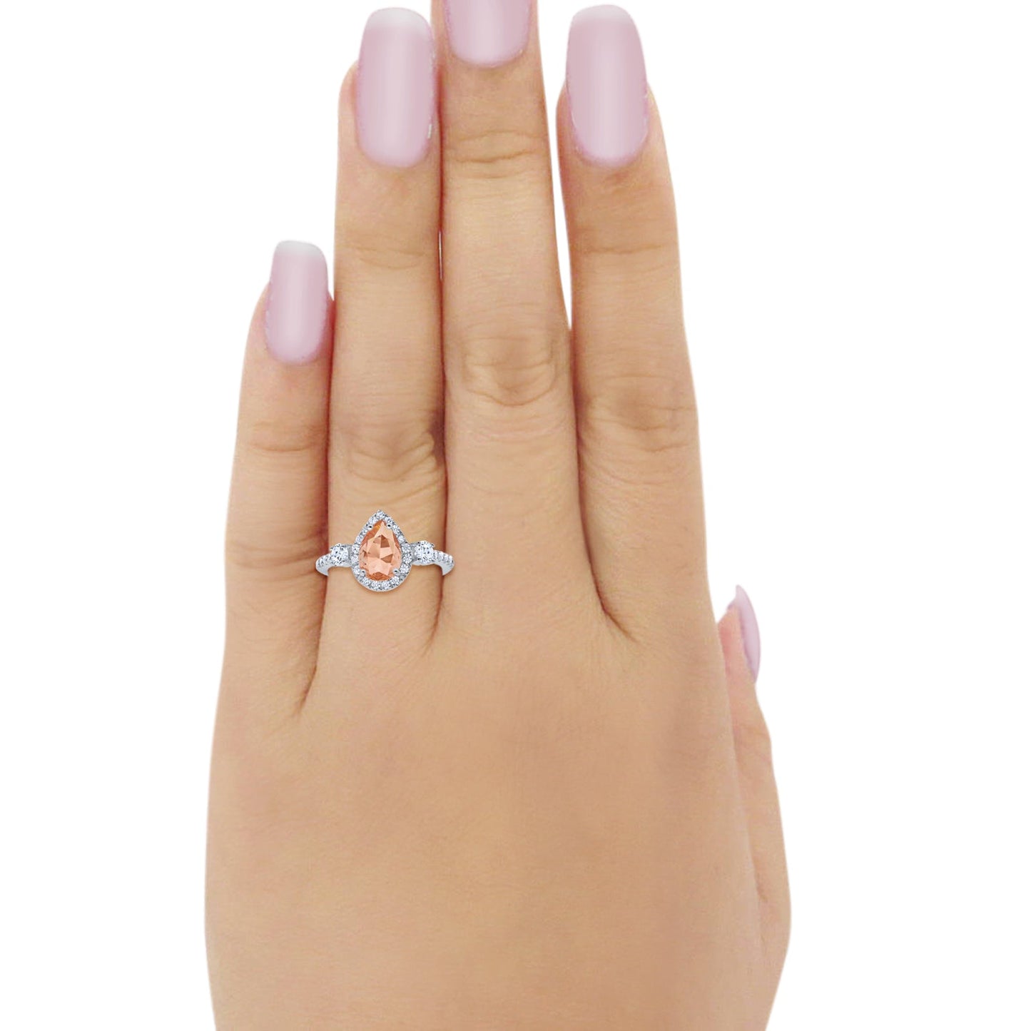 Three Stone Halo Teardrop Fashion Ring Pear Simulated Morganite CZ