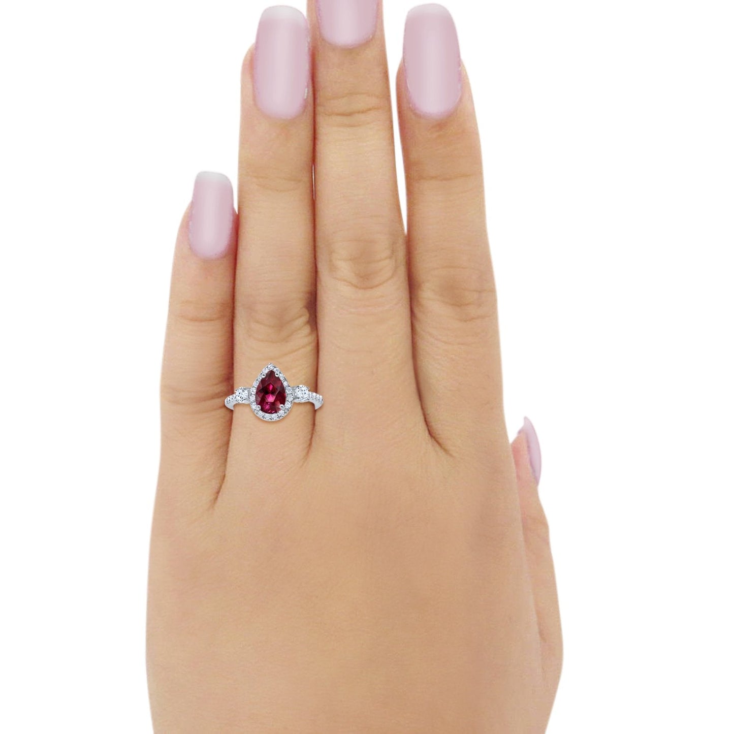 3-Stone Teardrop Ring Pear Simulated Ruby CZ