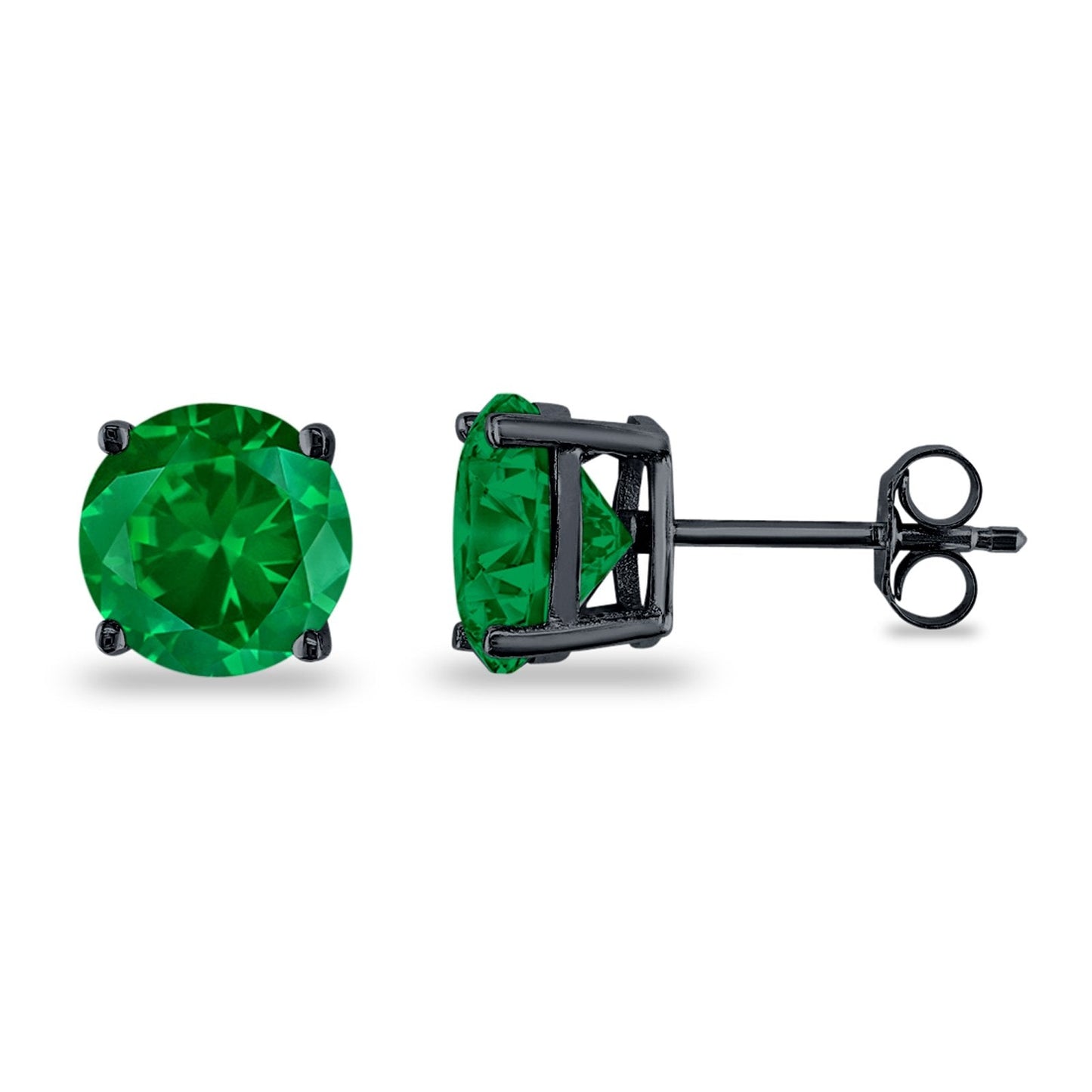 Butterfly Prong Round Casting Black Tone, Simulated Green Emerald CZ Stud Earrings