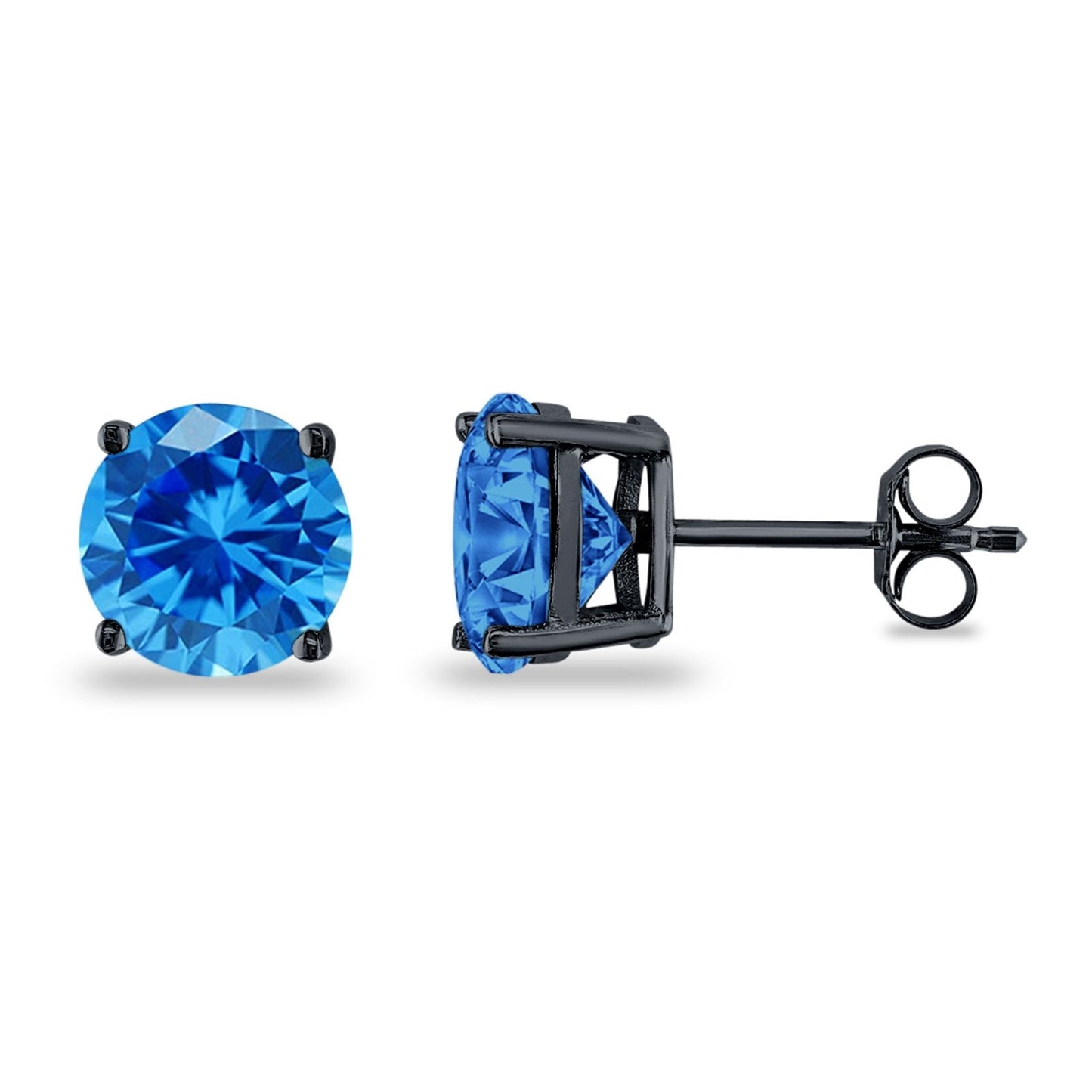 Butterfly Prong Round Casting Black Tone, Simulated Blue Topaz CZ Stud Earrings