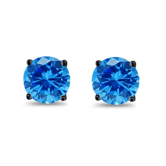 Butterfly Prong Round Casting Black Tone, Simulated Blue Topaz CZ Stud Earrings