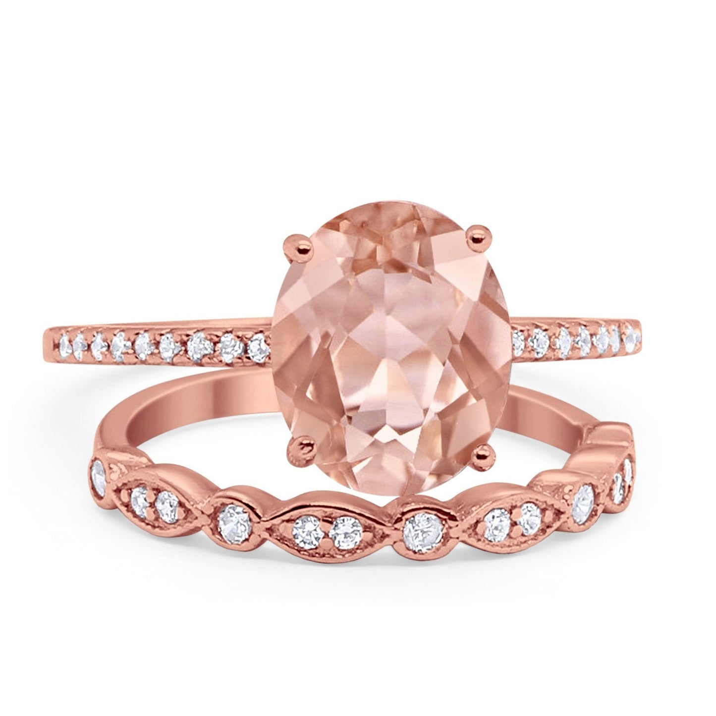 Infinity Wedding Piece Bridal Ring Oval Rose Tone, Simulated Morganite CZ