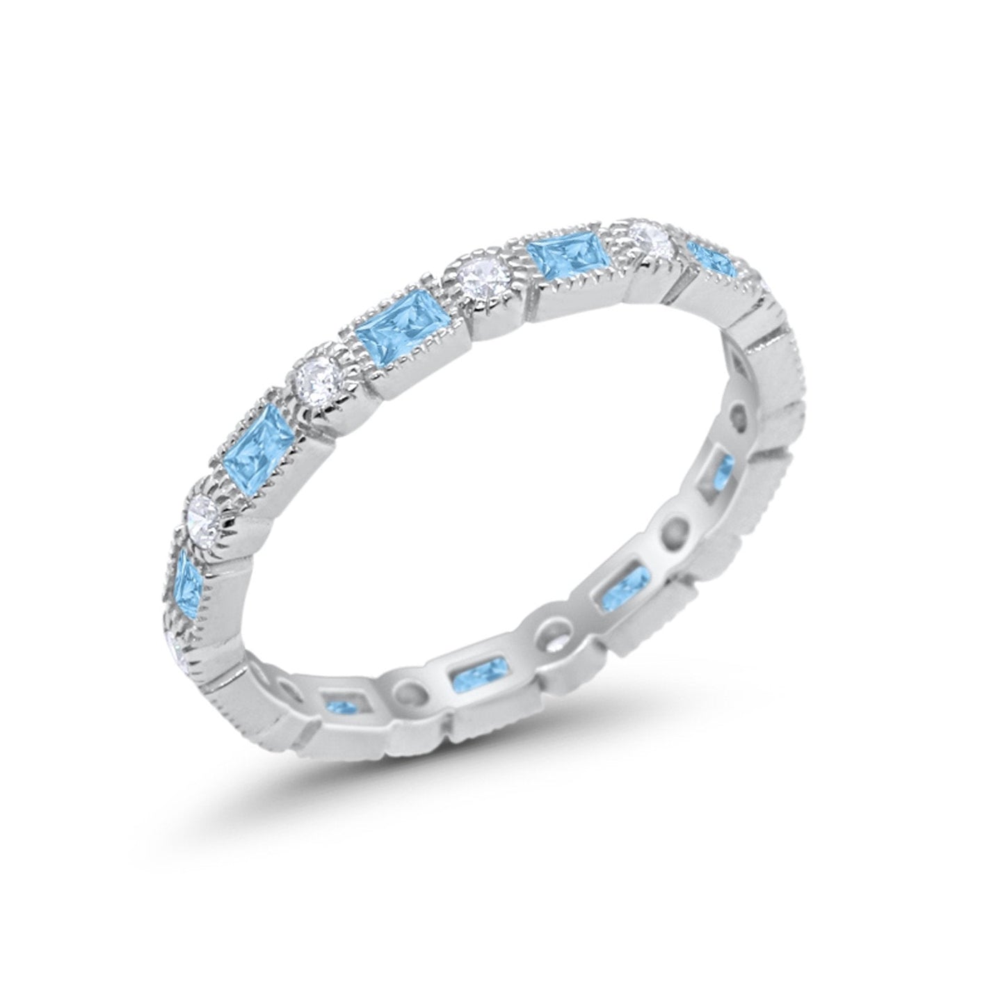 Full Eternity Wedding Baguette Round Simulated Aquamarine CZ