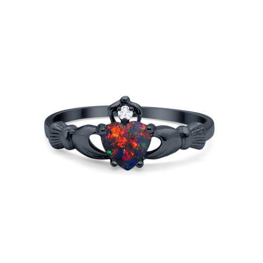 Irish Claddagh Heart Promise Ring Black Tone, Lab Created Black Opal