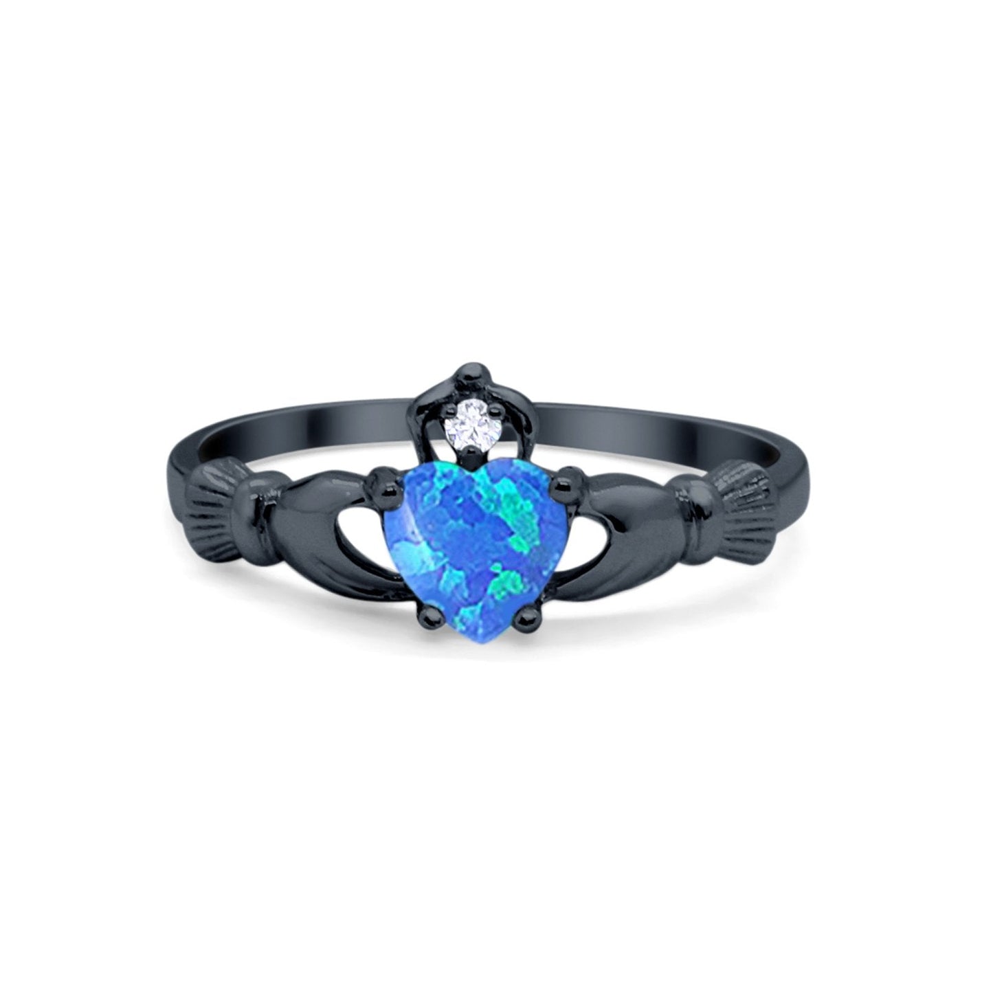 Irish Claddagh Heart Promise Ring Black Tone, Lab Created Blue Opal