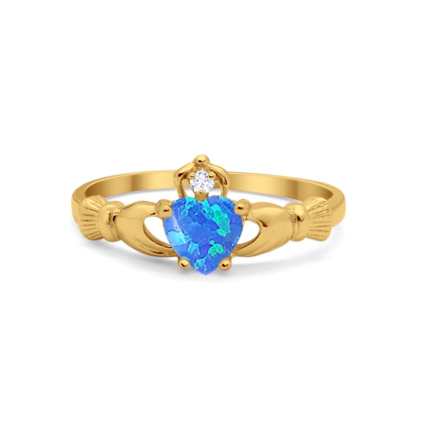 Irish Claddagh Heart Promise Ring Yellow Tone, Lab Created Blue Opal