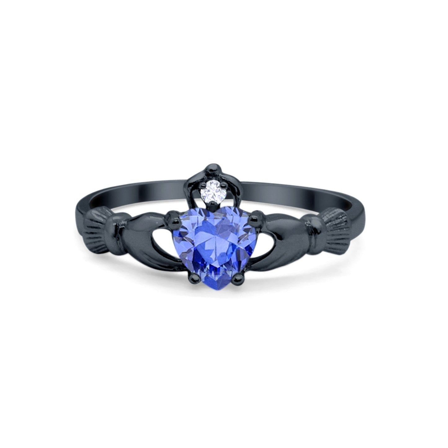 Irish Claddagh Heart Promise Ring Black Tone, Simulated Tanzanite CZ