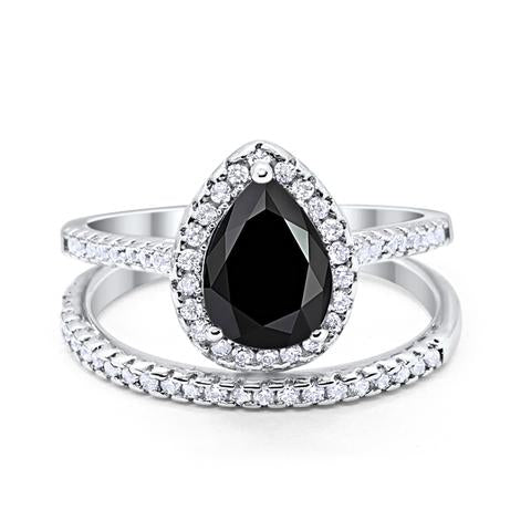 Teardrop Pear Bridal Set Engagement Ring Simulated Black Cubic Zirconia