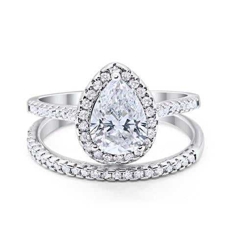 Teardrop Pear Bridal Set Engagement Ring Simulated Cubic Zirconia