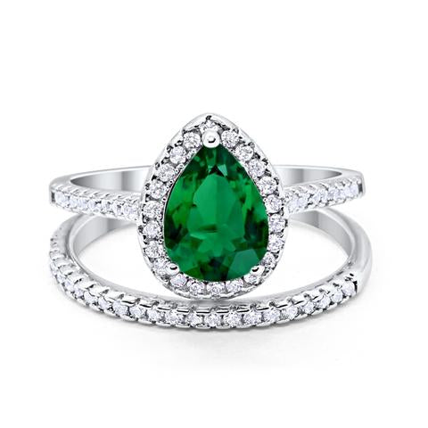 Teardrop Pear Bridal Set Engagement Ring Simulated Green Emerald Cubic Zirconia